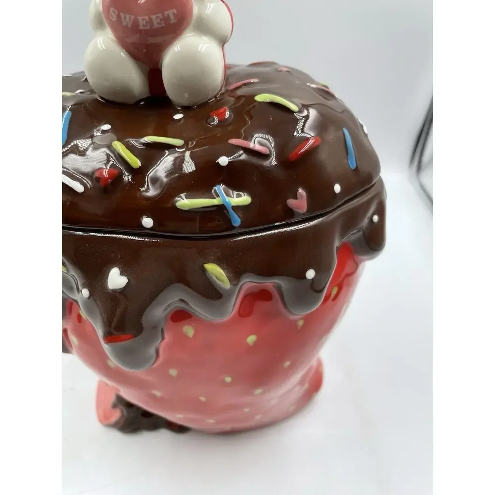 Hello Kitty Cookie Jar Blue Sky Ceramic Chocolate Strawberry With Lid NEW